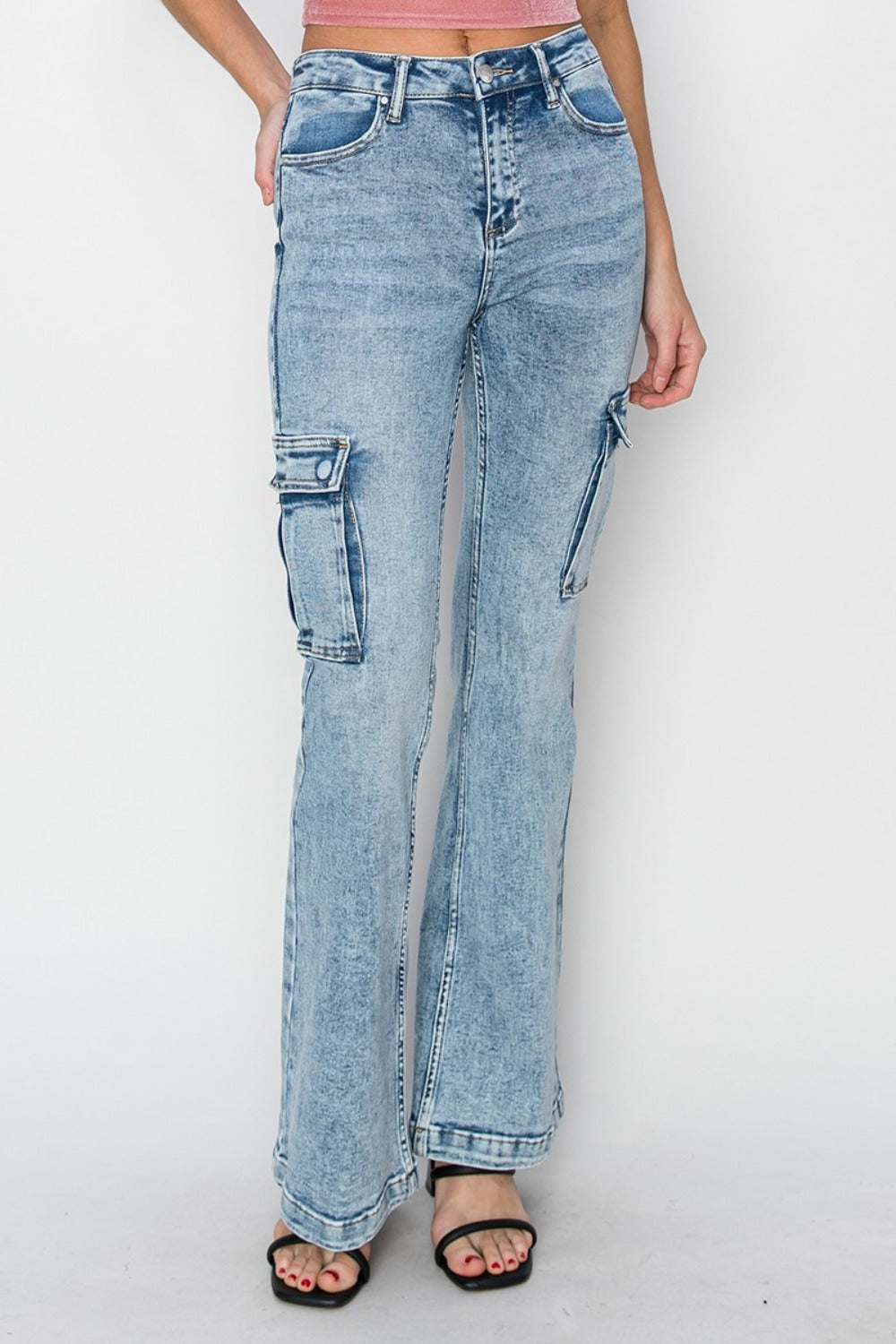 RISEN Full Size High Rise Cargo Flare Jeans 