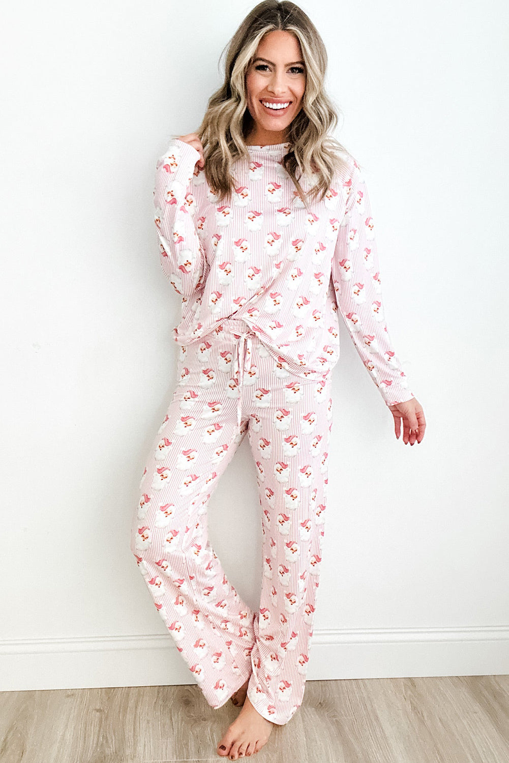 Santa Print Long Sleeve Top and Pants Lounge Set 