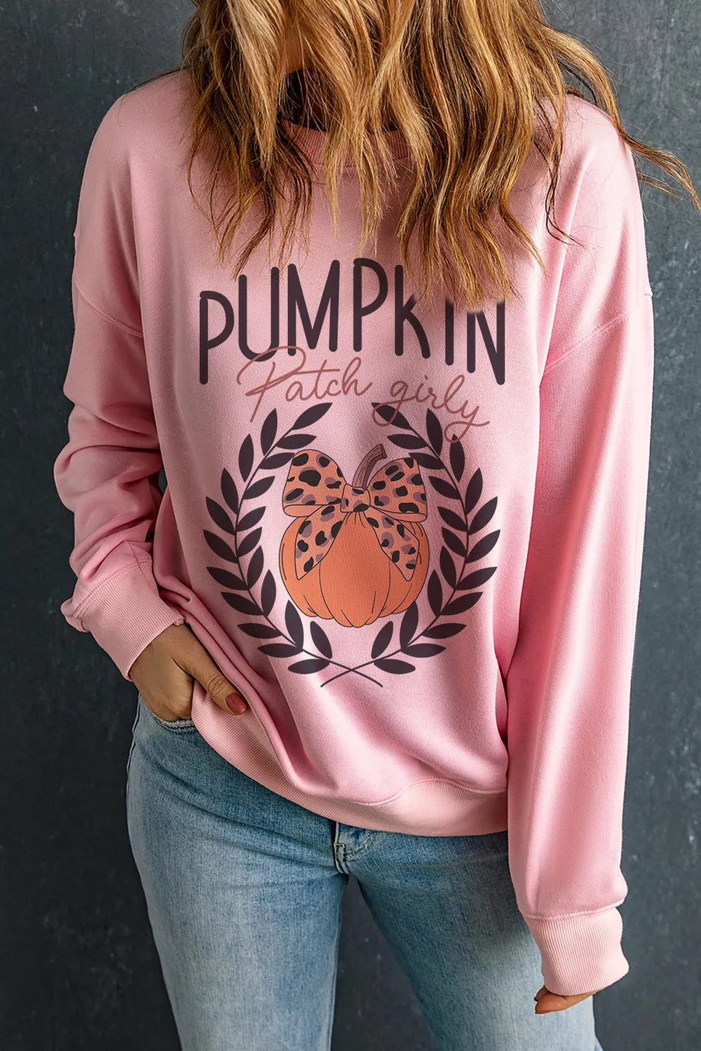 Pumpkin Round Neck Long Sleeve Sweatshirt 