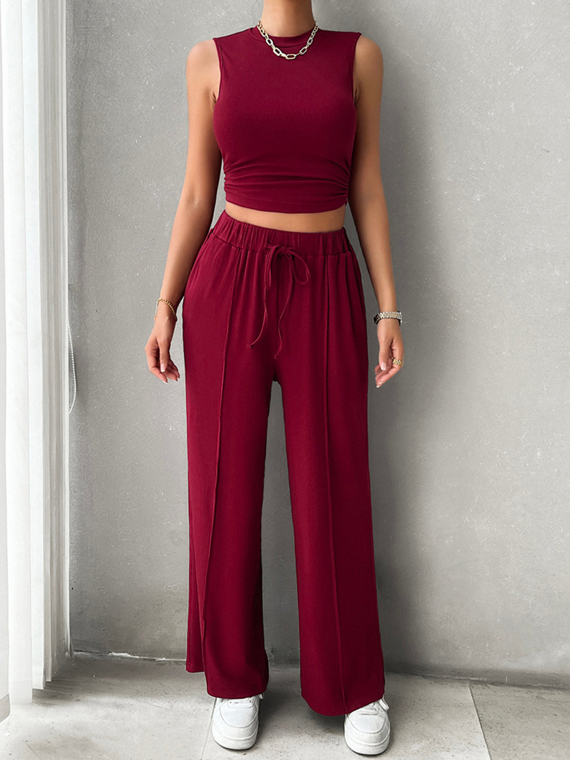 Devine Mock Neck Sleeveless Top and Drawstring Pants Set 