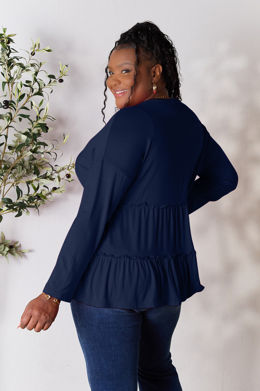 Double Take Half Button Long Sleeve Ruffle Hem Blouse 