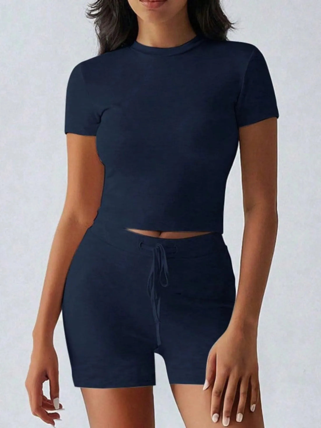 Round Neck Short Sleeve Top and Shorts Set 