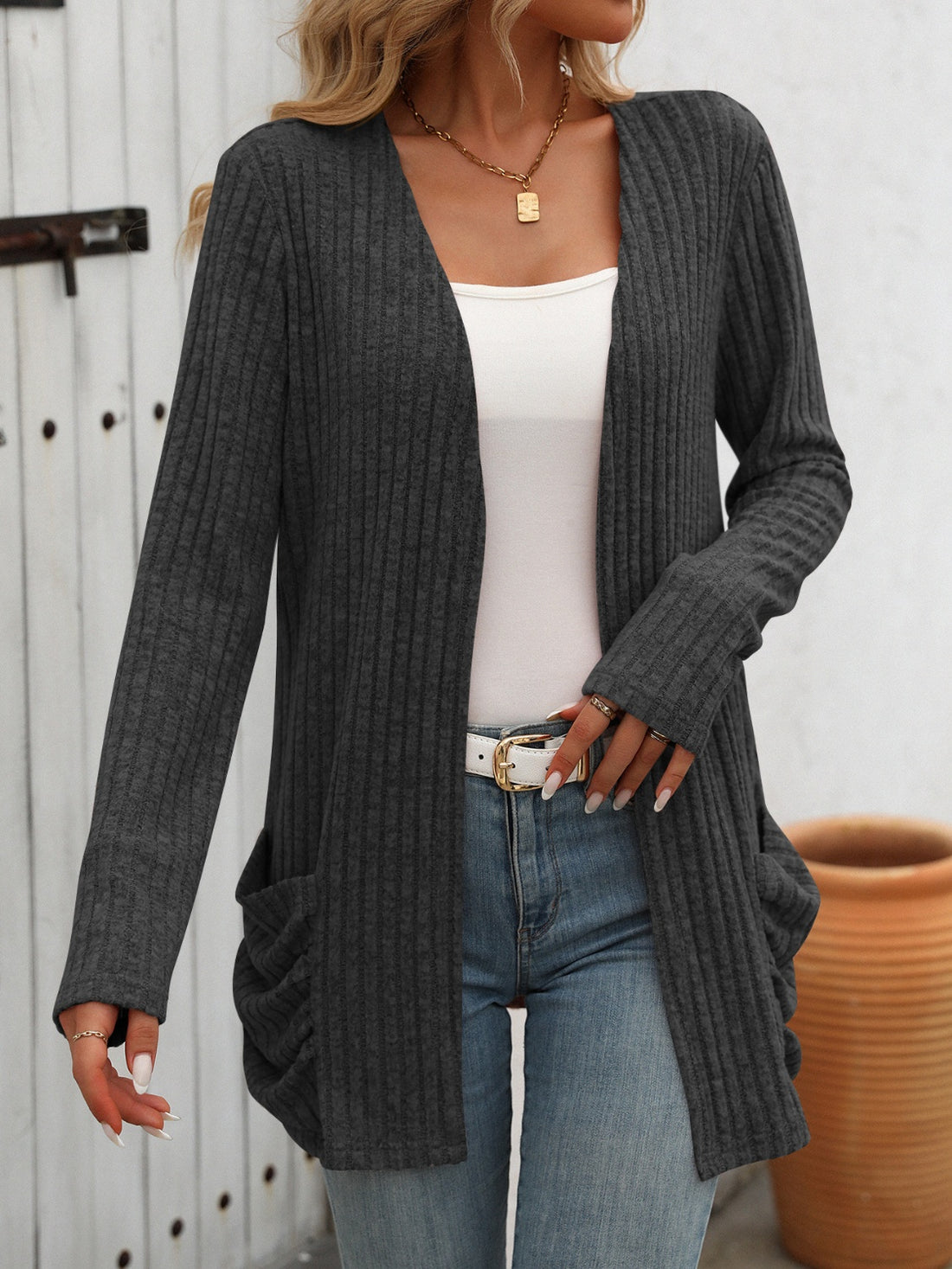 Mandy Open Front Long Sleeve Ribbed Cardigan 