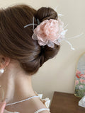Feather Trim Flower Shape Hair Claw Clip 