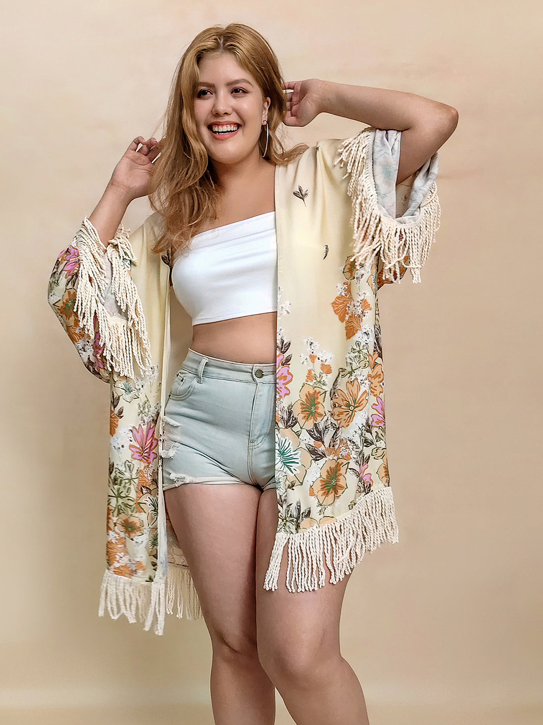 Plus Size Fringe Printed Open Front Cardigan 