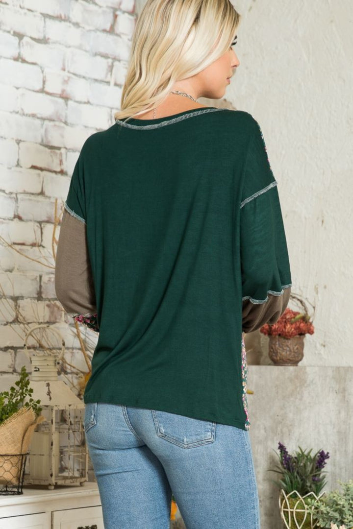 Celeste Full Size Floral Color Block Exposed Seam T-Shirt 