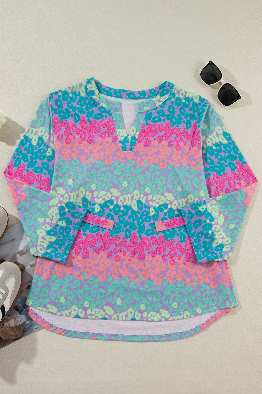 Plus Size Leopard Notched Long Sleeve Blouse 