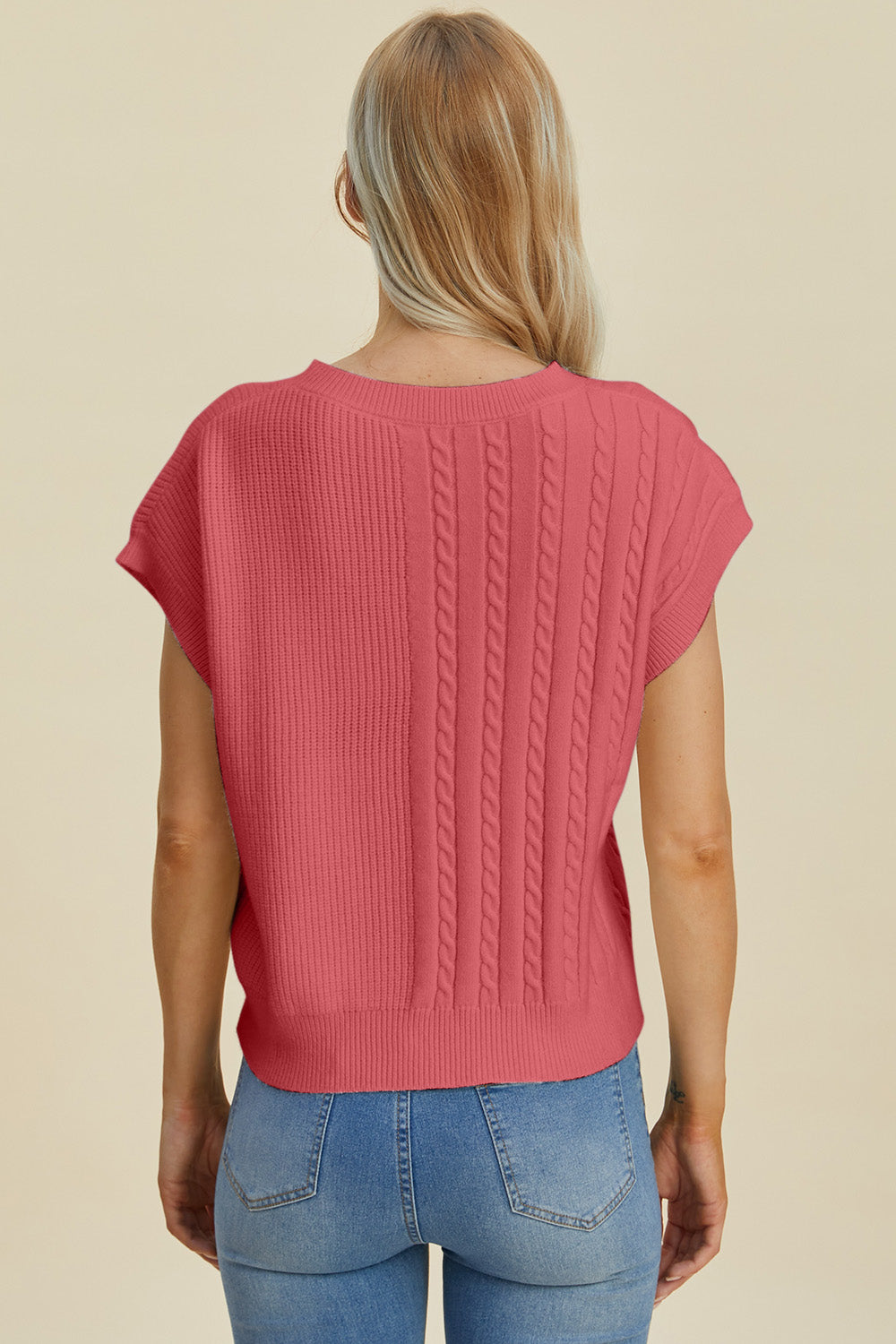 Double Take Full Size Cable-Knit Round Neck Short Sleeve Sweater 