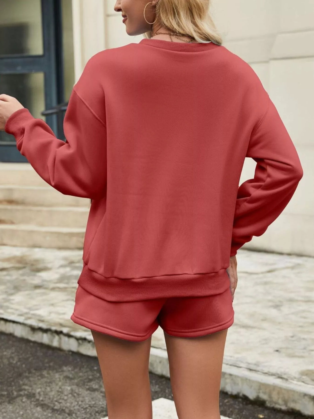 Round Neck Dropped Shoulder Top and Drawstring Shorts Set Two Piece Dresses