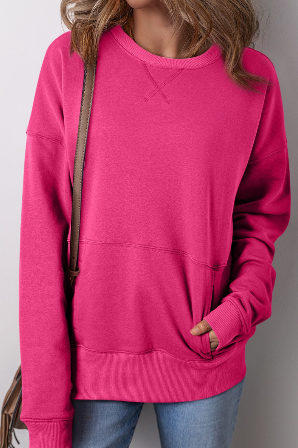 Solid Color Round Neck Long Sleeve Sweatshirt 