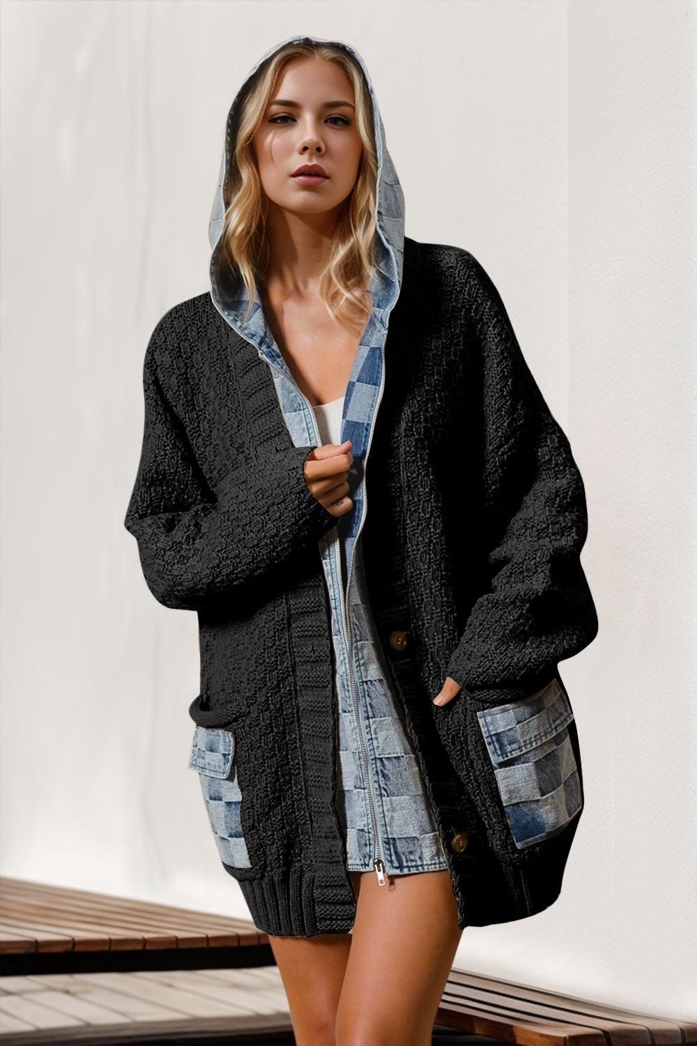 Double Take Full Size Hooded Denim Spliced Sweater Cardigan 
