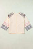 Heart Plaid Round Neck Long Sleeve Blouse 