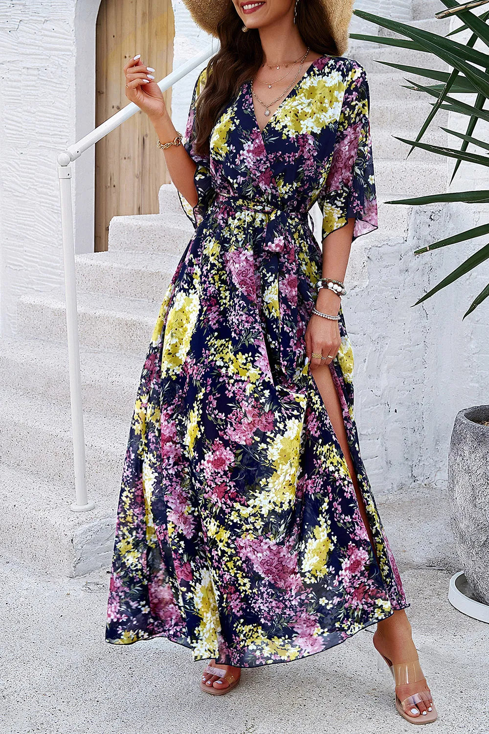 Devine Printed Tied Half Sleeve Slit Dress 