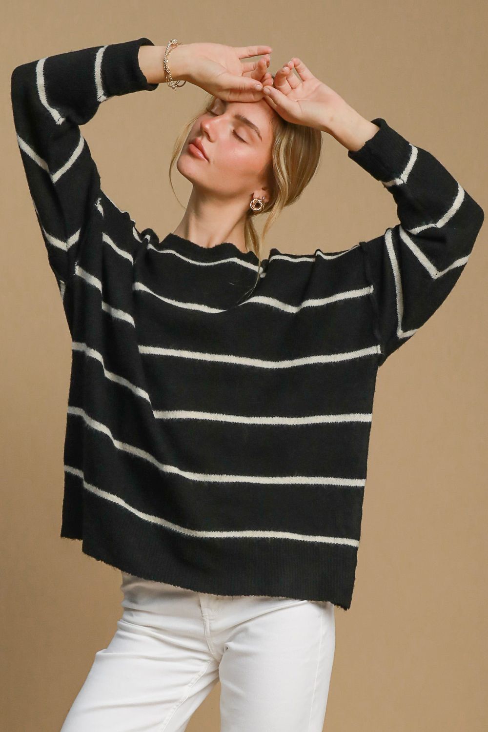 Umgee Wool Blend Striped Round Neck Sweater 