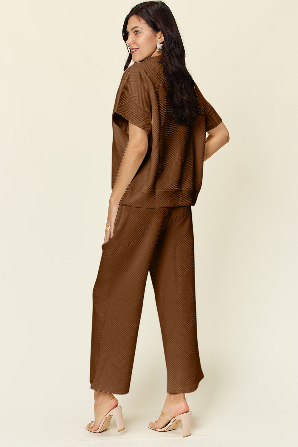 Double Take Full Size Texture Half Zip Short Sleeve Top and Pants Set 