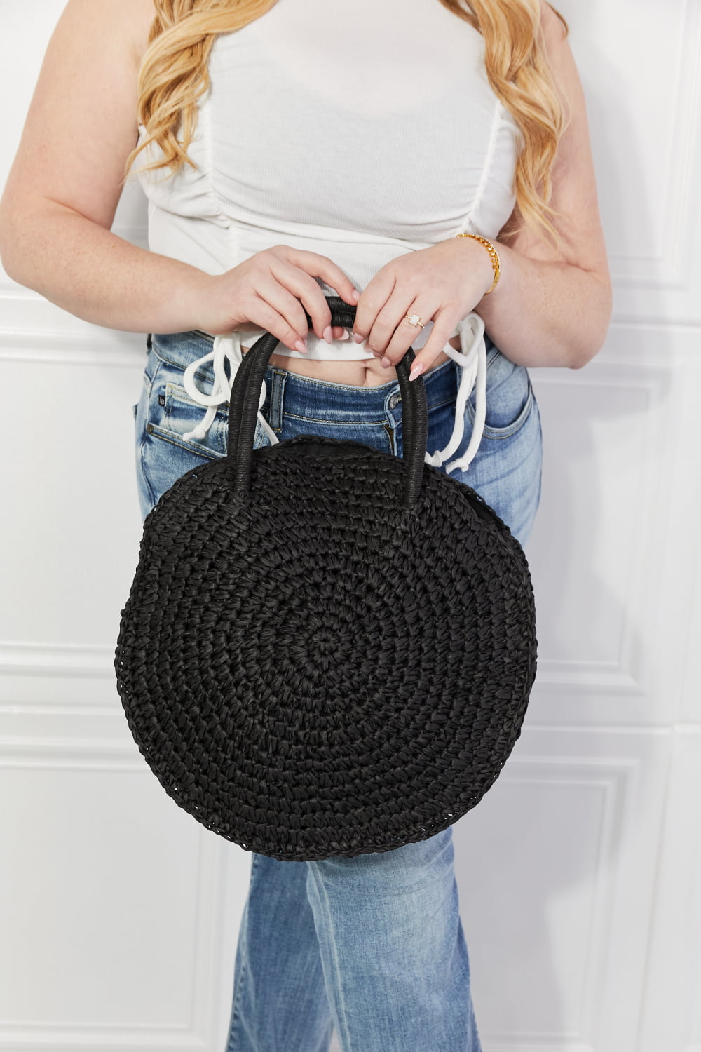 Justin Taylor Beach Date Straw Rattan Handbag in Black 