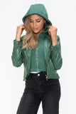 Snobbish Faux Leather Zip Up Drawstring Hooded Jacket 
