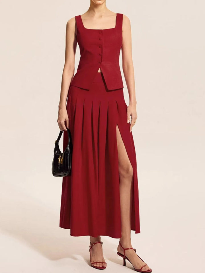 Square Neck Tank and Pleated Slit Skirt Set Two Piece Dresses