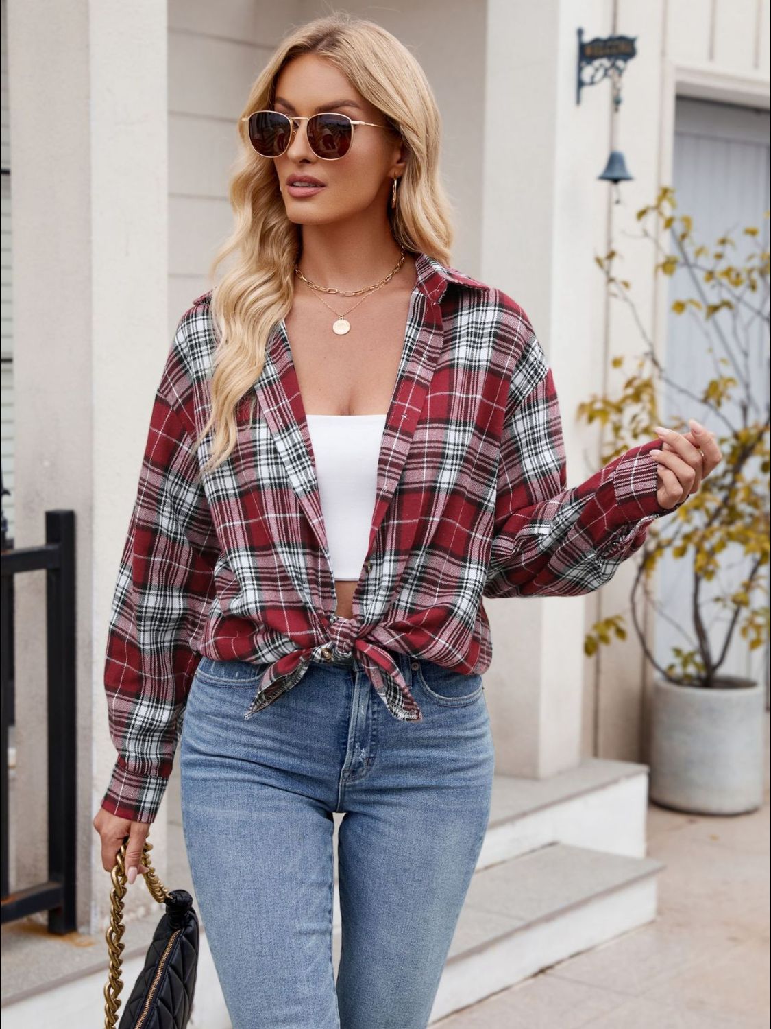 Mandy Pocketed Plaid Collared Neck Long Sleeve Shirt 