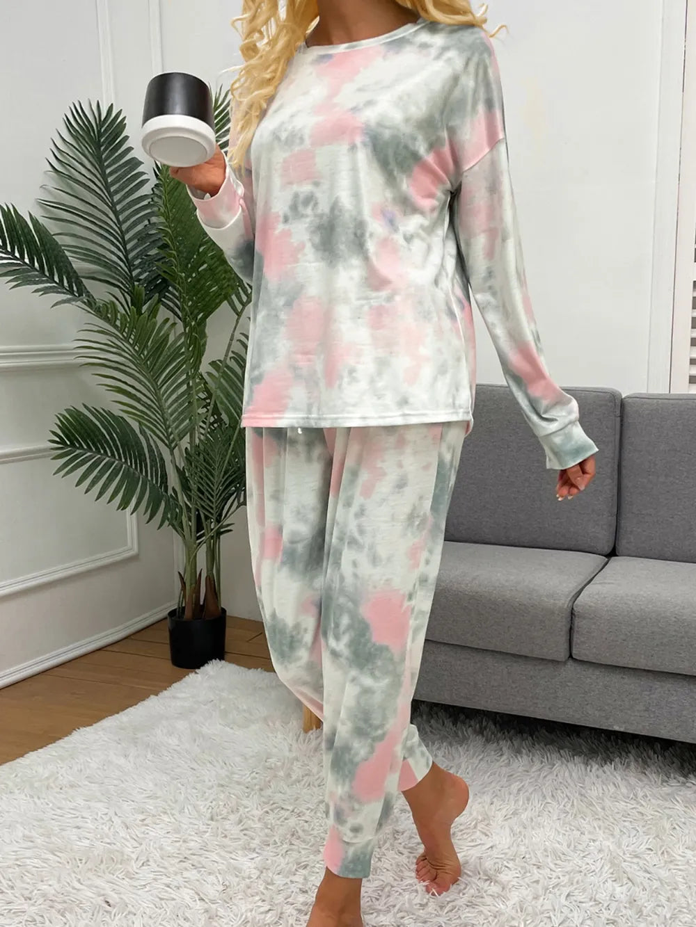Shiny Tie-Dye Round Neck Top and Drawstring Pants Lounge Set Lingerie & Nightwear