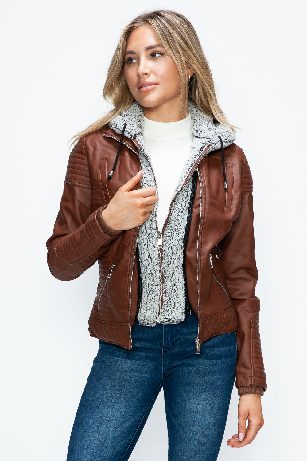 YMI Faux Layered Double-Zipper Jacket with Fuzzy Hood 
