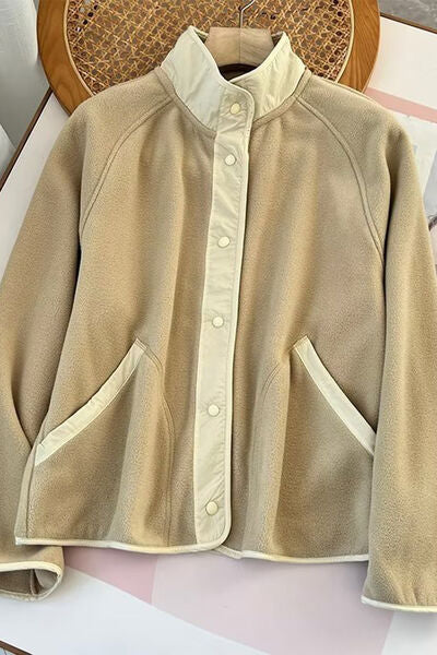 Double Take Snap Down Contrast Fleece Jacket with Pockets 