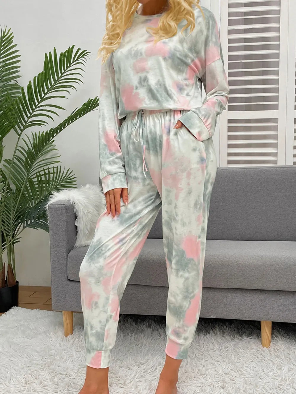Shiny Tie-Dye Round Neck Top and Drawstring Pants Lounge Set Lingerie & Nightwear