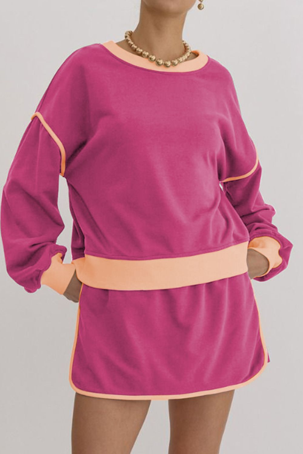 Contrast Trim Round Neck Top and Skort Set 