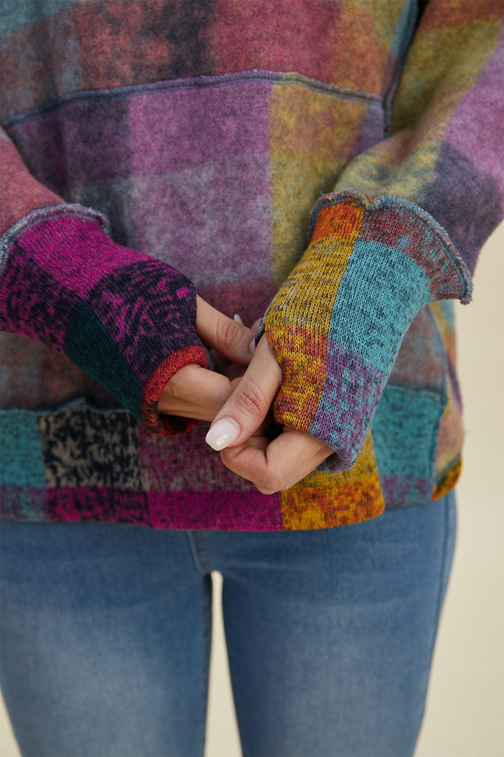 Double Take Full Size Plaid Dropped Shoulder Fleece Hoodie 