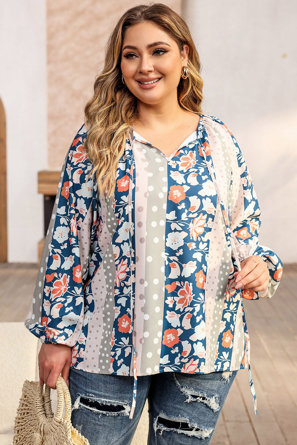 Plus Size Floral Tie Neck Blouse 