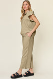 Double Take Texture Ruffle Short Sleeve Top and Drawstring Wide Leg Pants Set 