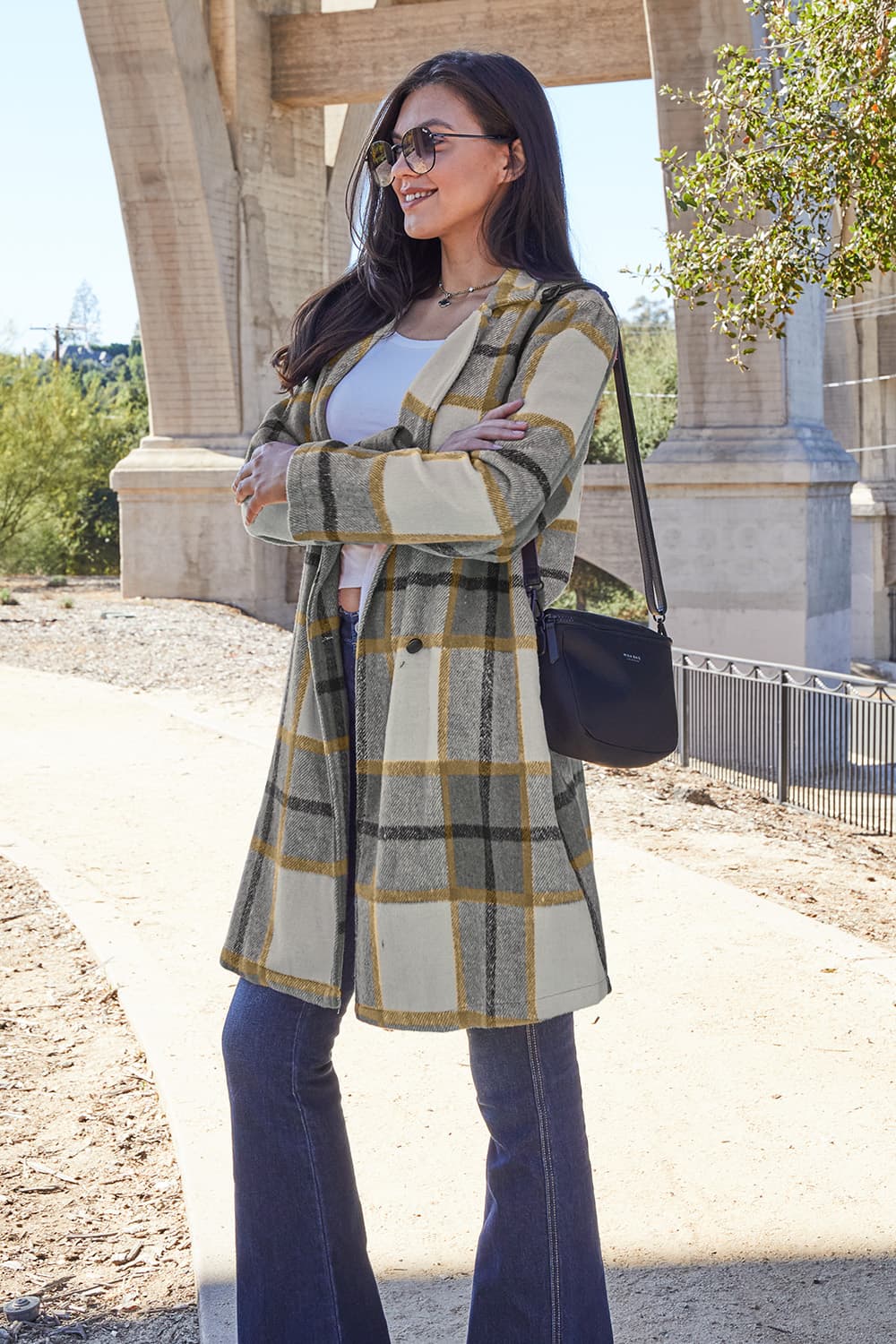 Double Take Full Size Plaid Button Up Lapel Collar Coat 