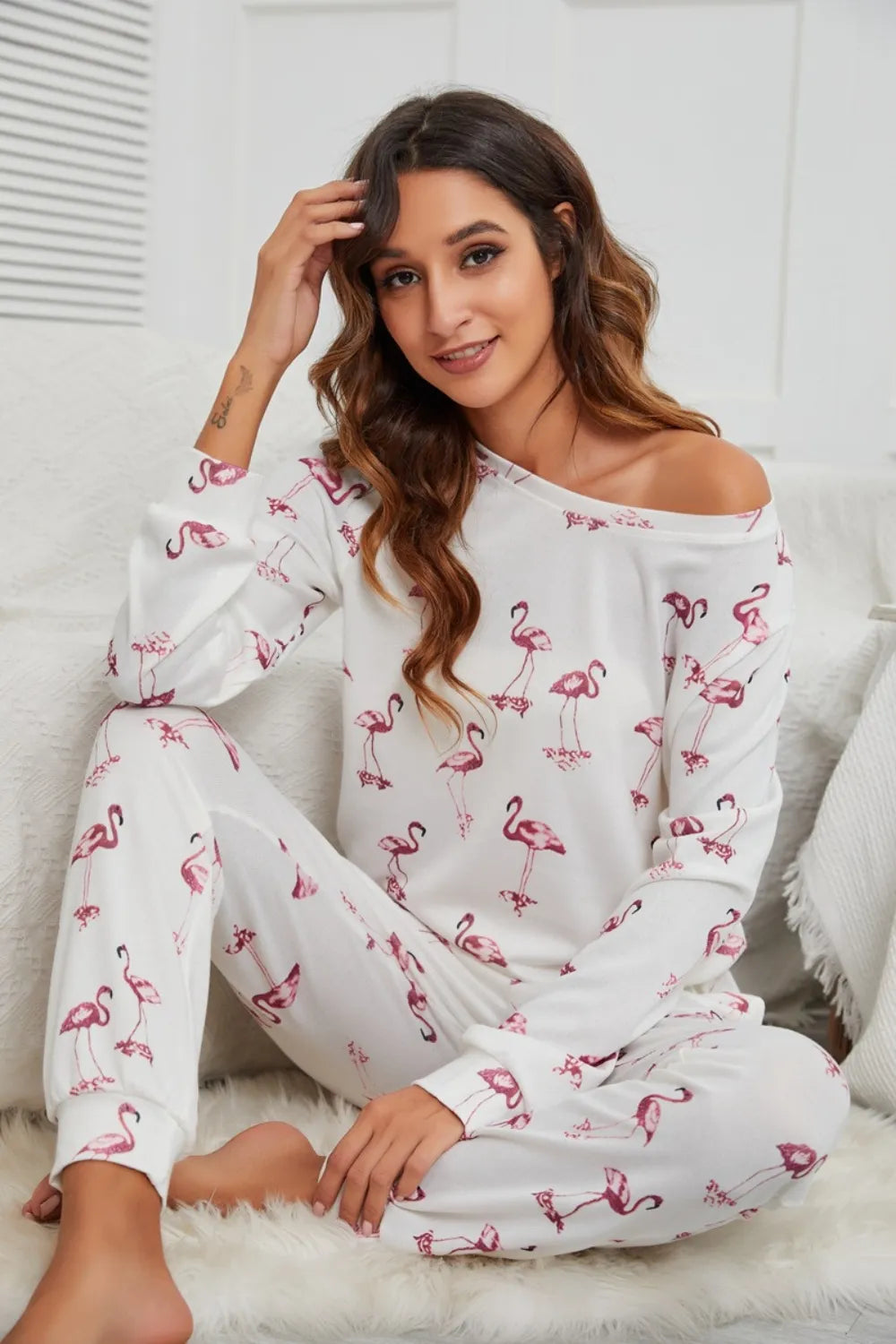 Flamingo Long Sleeve Top and Pants Lounge Set Lingerie & Nightwear