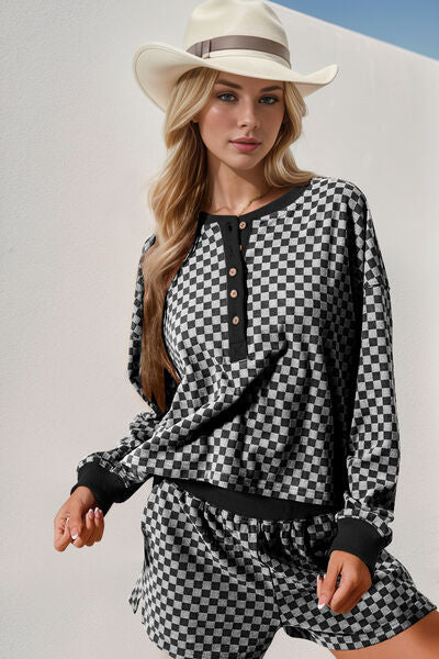 Double Take Checkered Half Button Top and Shorts Set 