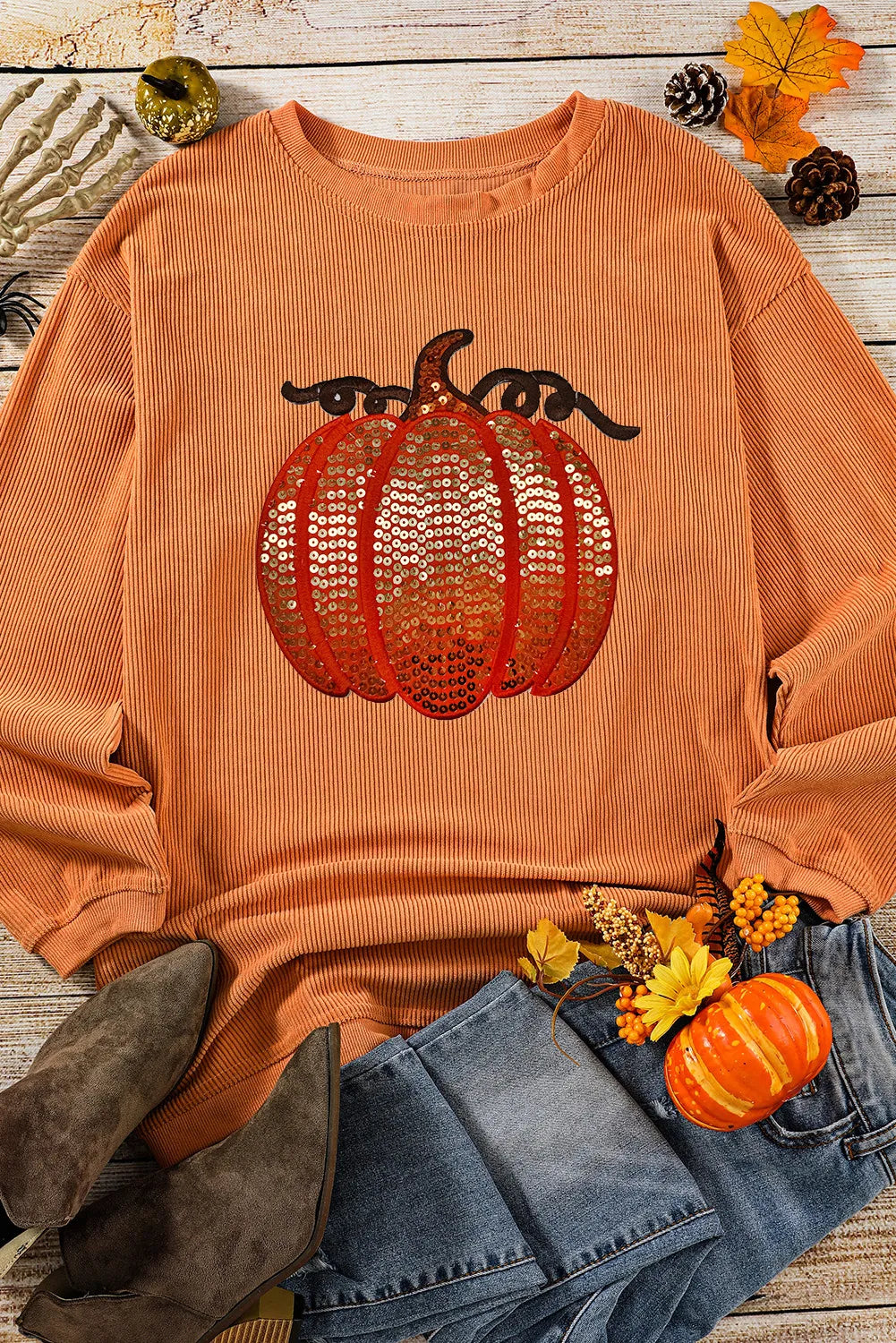 Sequin Pumpkin Round Neck Long Sleeve Sweatshirt 
