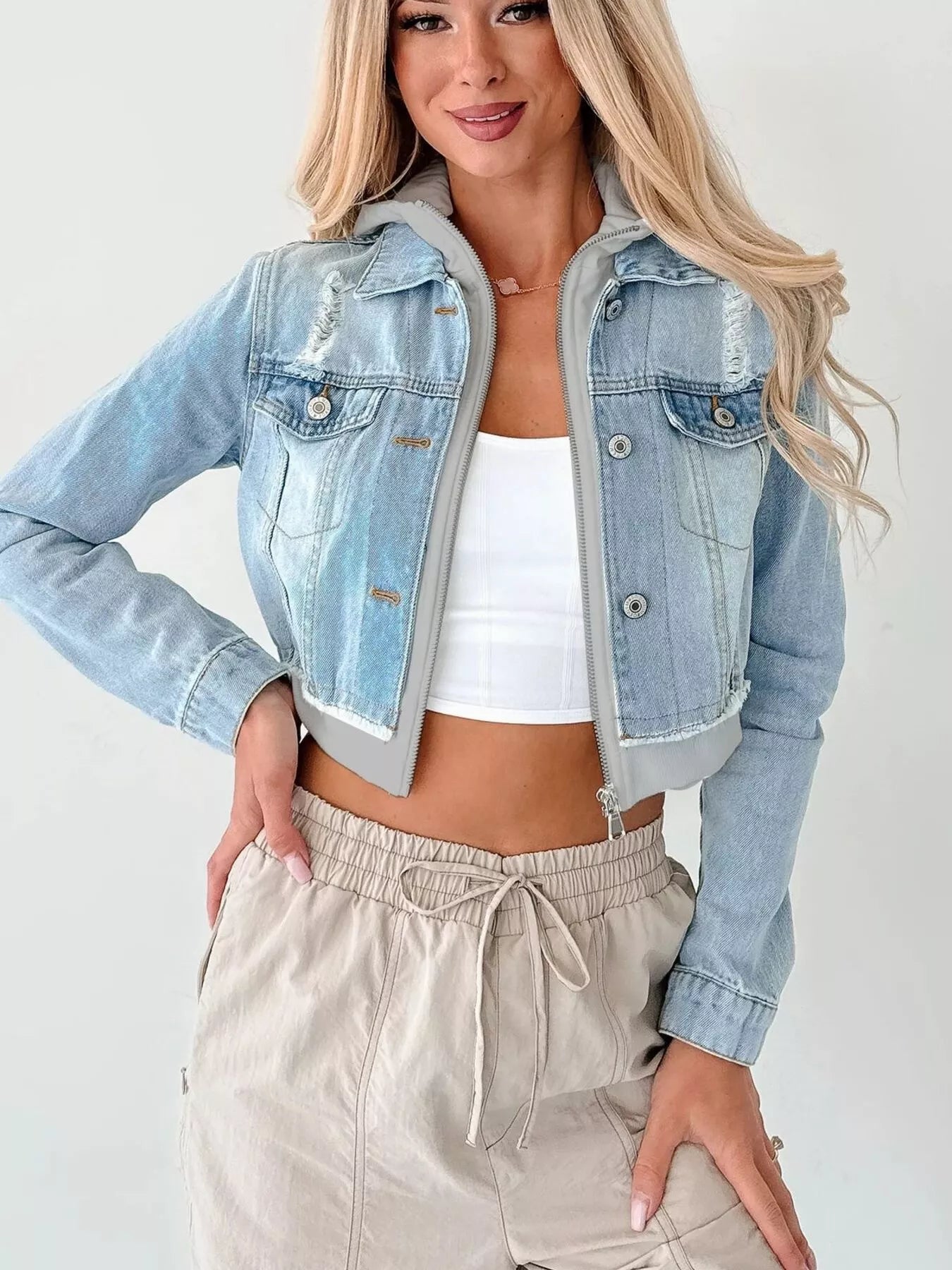 Distressed Zip Up Cropped Hooded Denim Jacket 