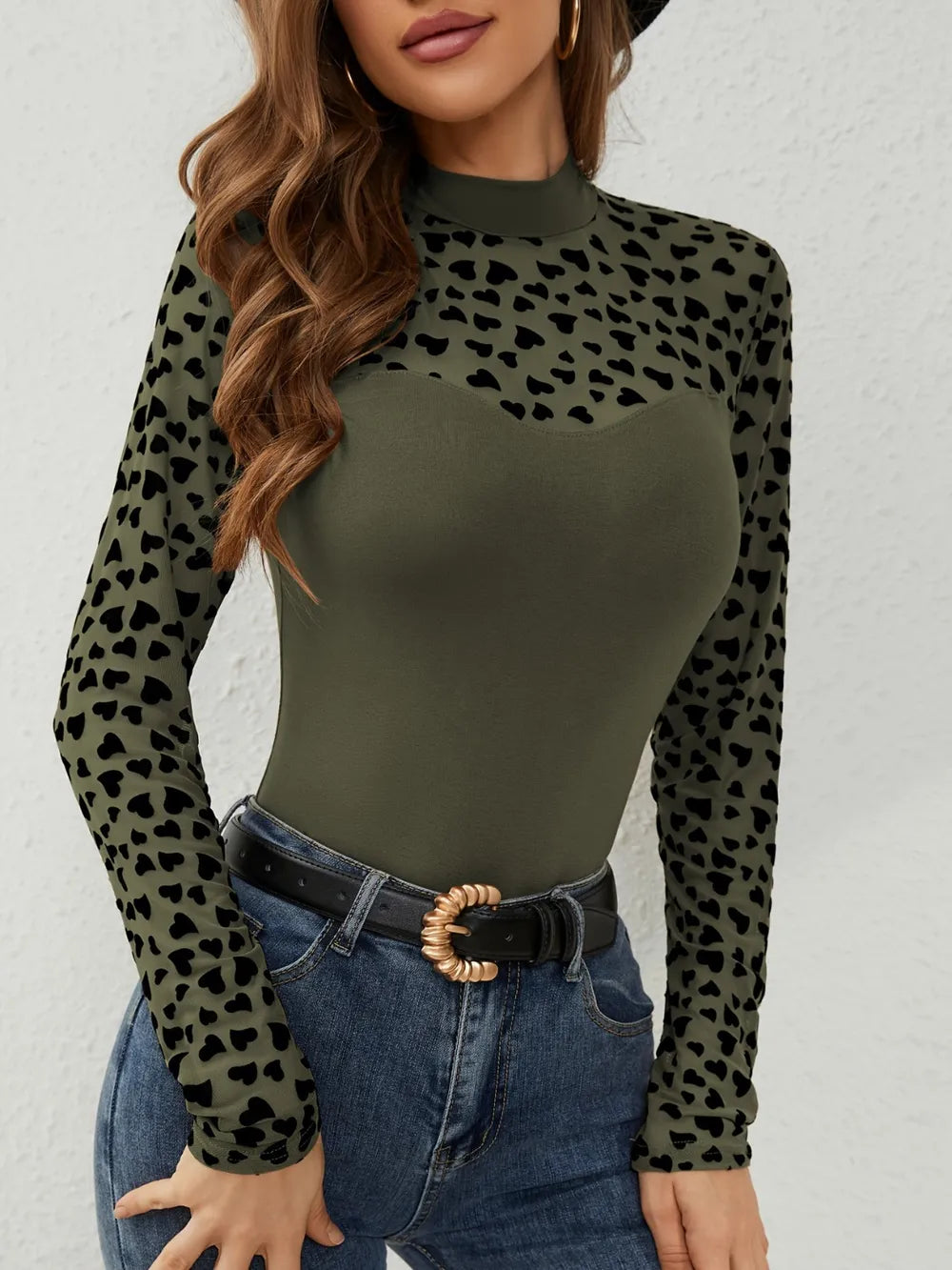 Heart Mock Neck Long Sleeve T-Shirt 