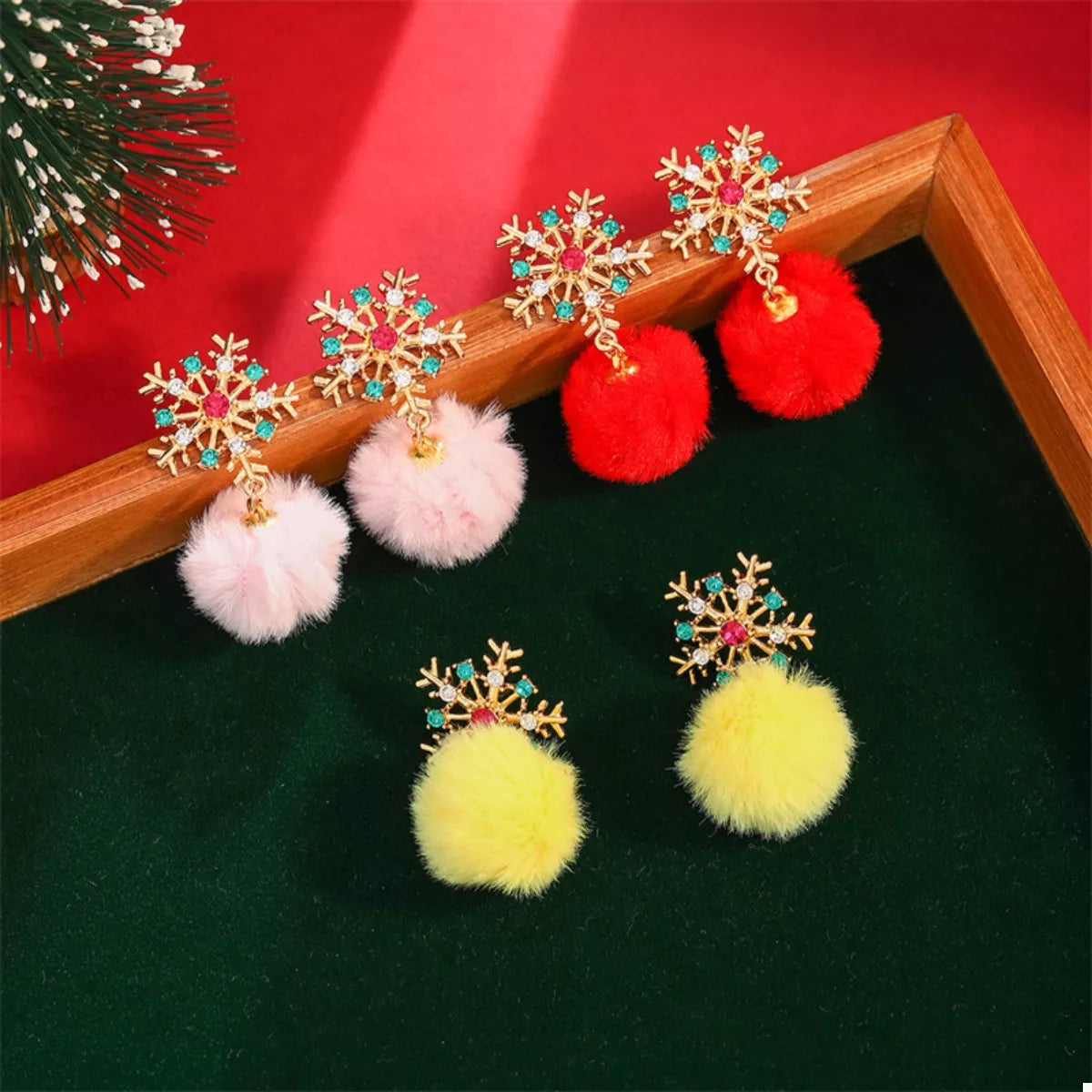 Christmas Snowflake Pom Pom Drop Earrings 