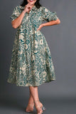 Umgee Full Size Printed Smocked Cuff Puff Sleeve Midi Dress Plus Size Dresses