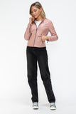 Snobbish Faux Leather Zip Up Drawstring Hooded Jacket 