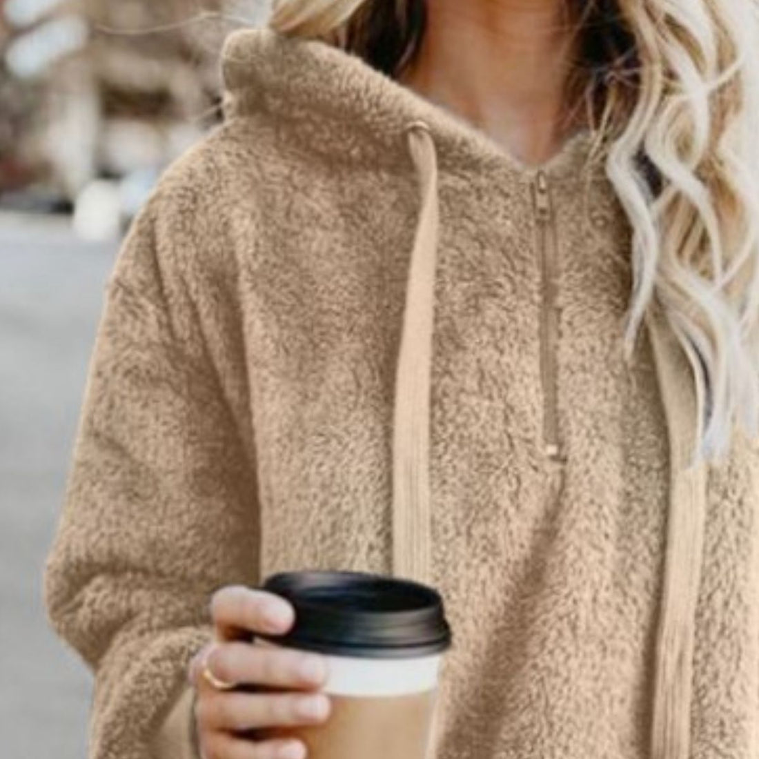 Full Size Quarter-Zip Drawstring Teddy Hoodie 