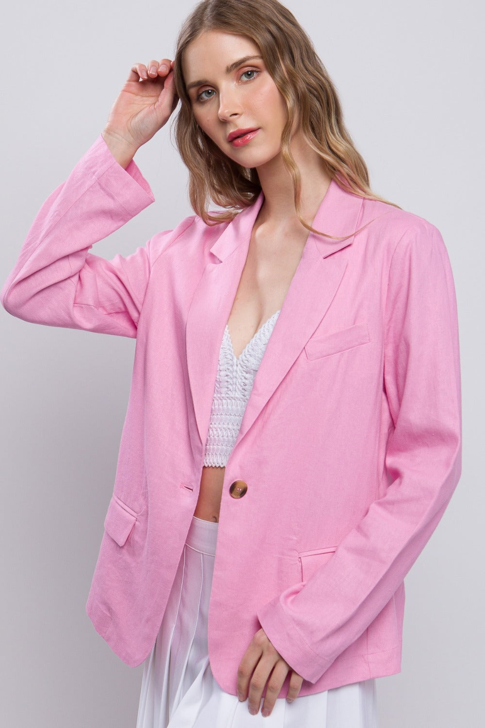 Love Tree One-Button Long Sleeve Linen Blazer 