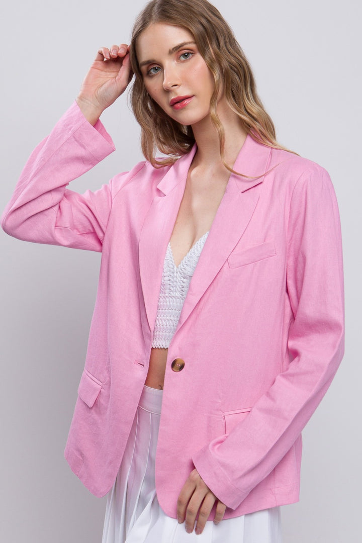 Love Tree One-Button Long Sleeve Linen Blazer 