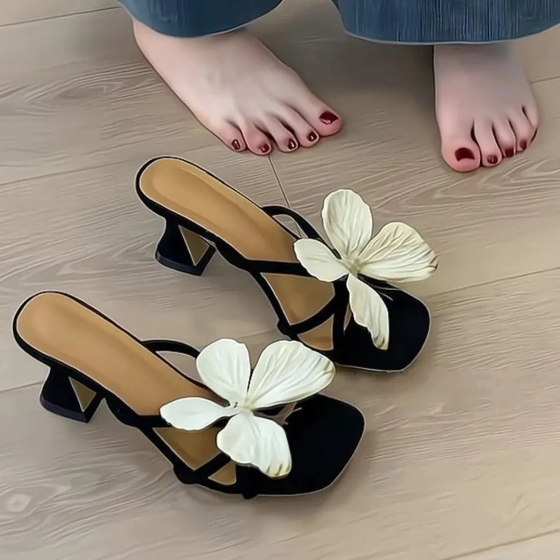 Open Toe Flare Heels Sandals 