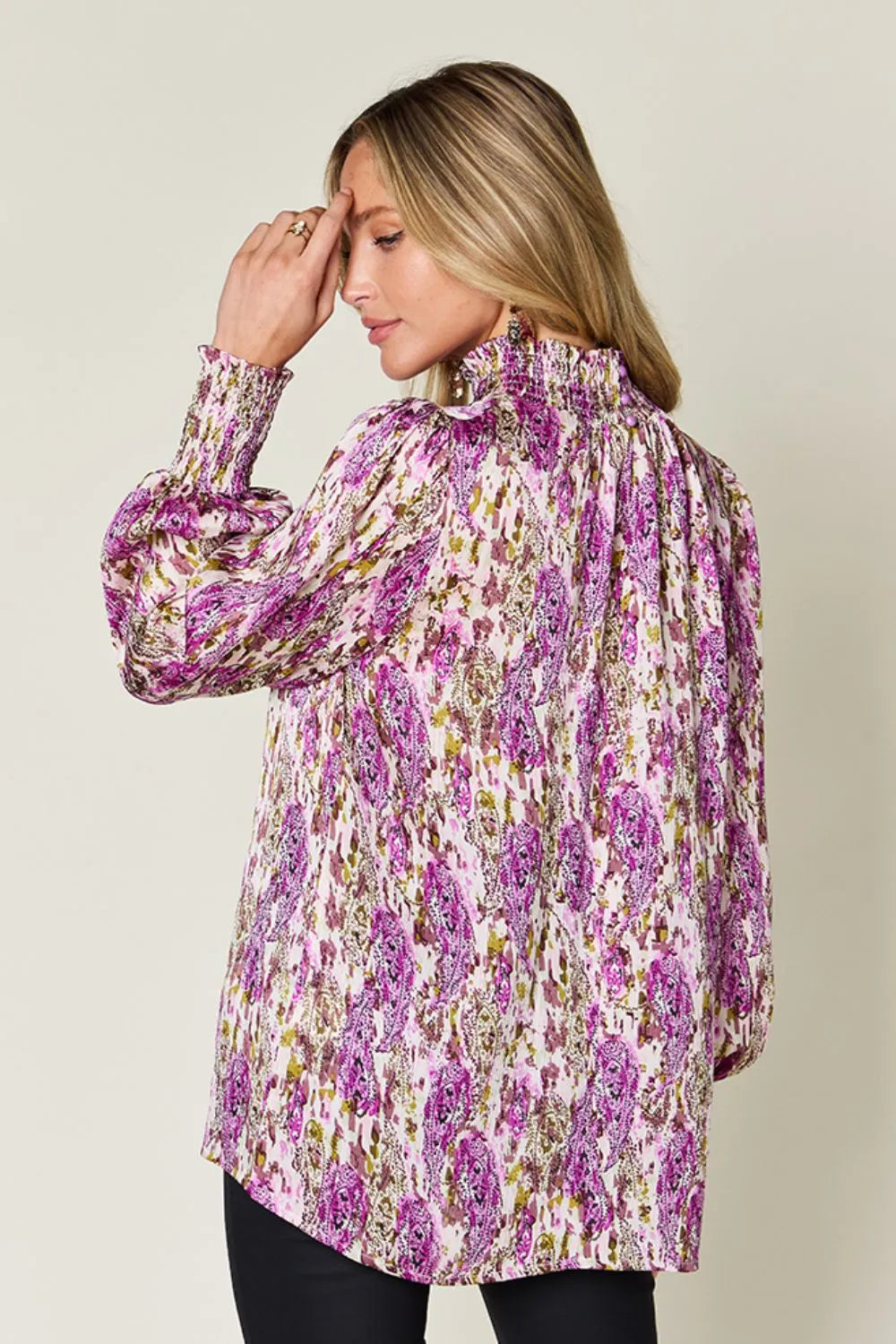 Double Take Full Size Printed Smocked Long Sleeve Blouse 
