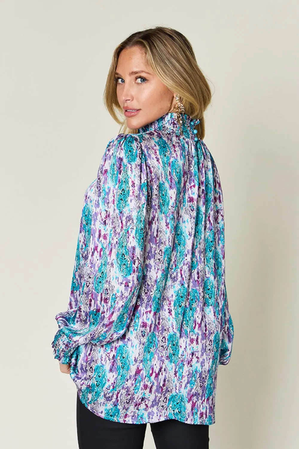 Double Take Full Size Printed Smocked Long Sleeve Blouse 