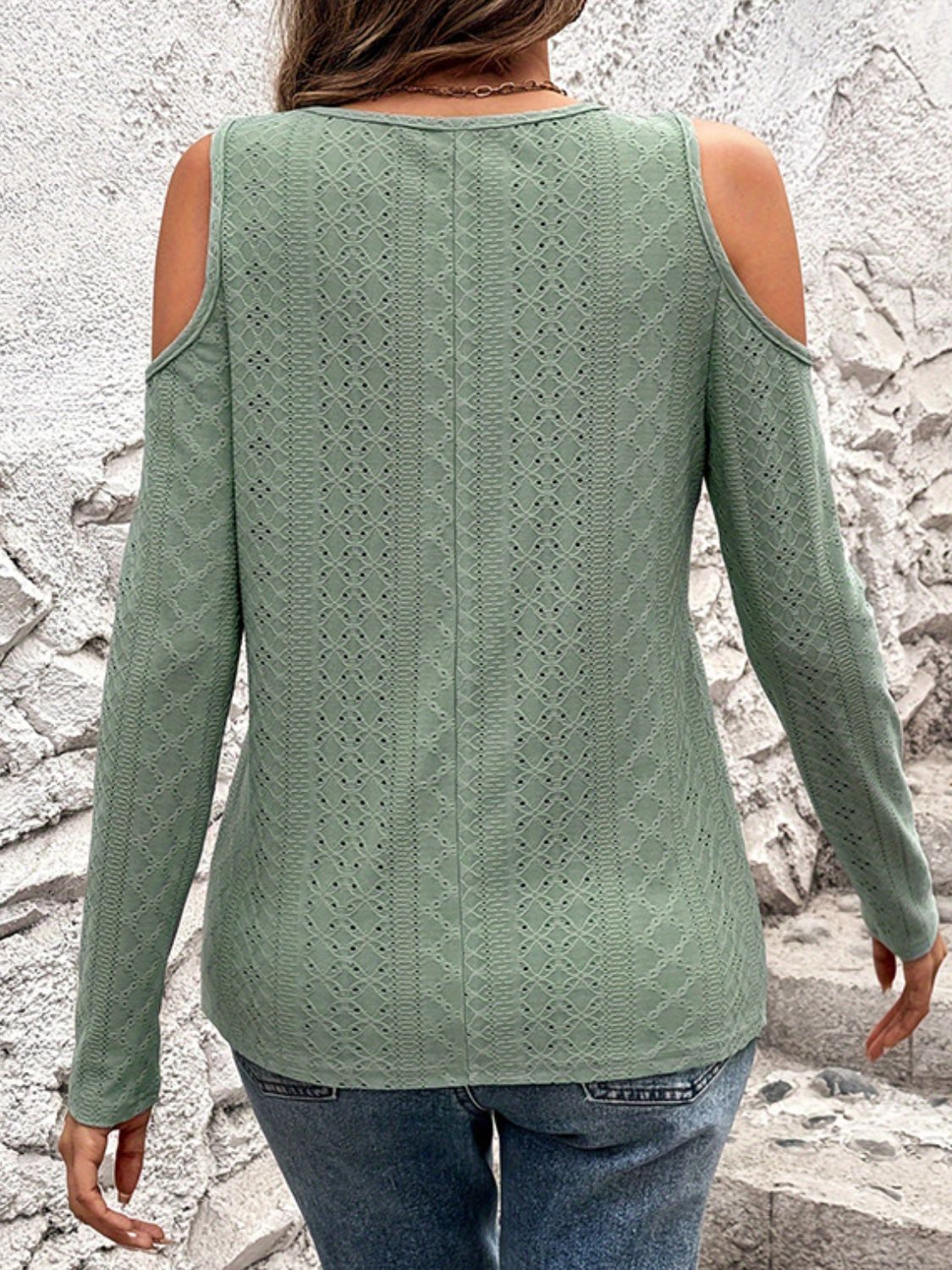 Full Size Eyelet V-Neck Cold Shoulder T-Shirt 