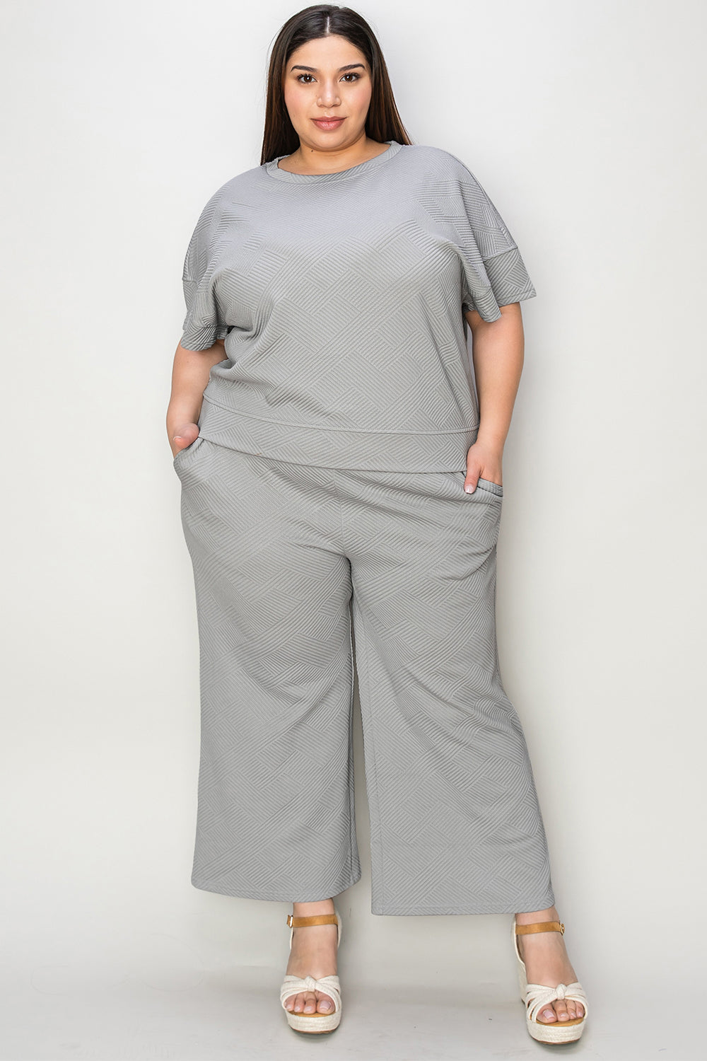 Double Take Full Size Texture Short Sleeve Top and Pants Set 