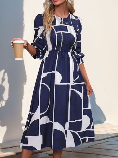 Perfee Smocked Color Block Long Sleeve Midi Dress Dresses