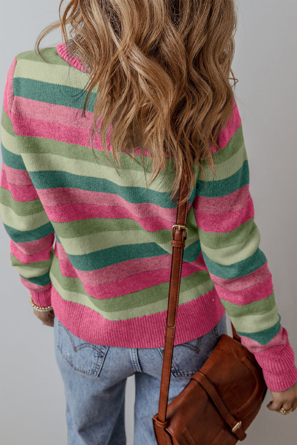 Gray Stripe Color Block Ribbed Edge Round Neck Sweater Sweaters & Cardigans/Sweaters
